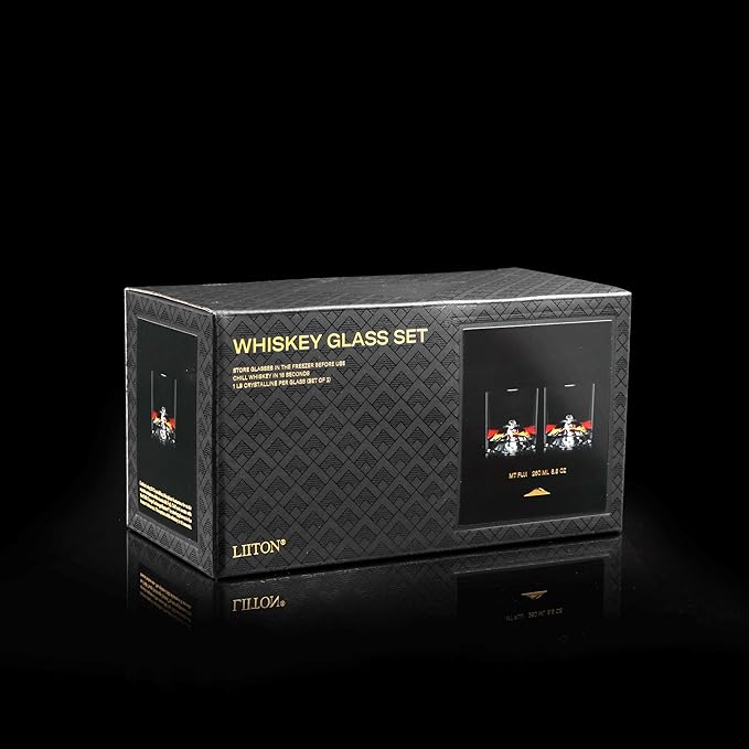 Mount Fuji Heavy Crystal Whiskey Glasses Gift Set of 2, Thick Freezable Bourbon Glass 1lb Each, Premium Whiskey Gifts for Men, Frozen Crystal Chills Cocktails, 10 oz