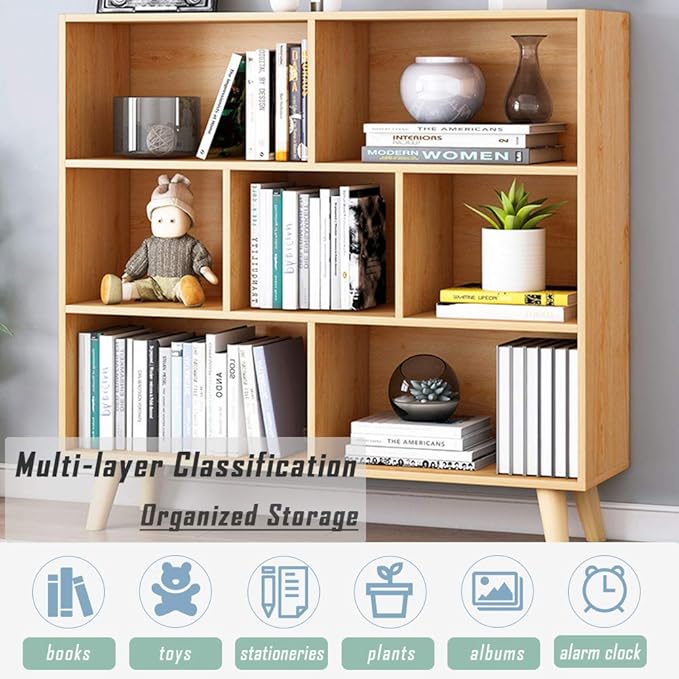 IOTXY Wooden Open Shelf Bookcase - 3-Tier Floor Standing Display Cabinet Rack with Legs, 7 Cubes Bookshelf, Pear Yellow