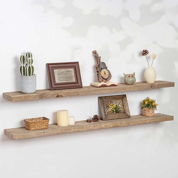 Floating Shelves | 8" Deep Rustic Reclaimed Barnwood Wall Hanging Shelves with Invisible Heavy-Duty Metal Bracket | Wall Mounted | Farmhouse Style | 48 inches, 2 PCs, Distressed Natural