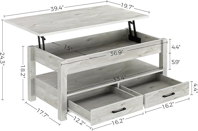 Rolanstar Coffee Table, Lift Top Coffee Table with Drawers and Hidden Compartment, Living Room Table with Wooden Lift Tabletop, for Living Room, Grey
