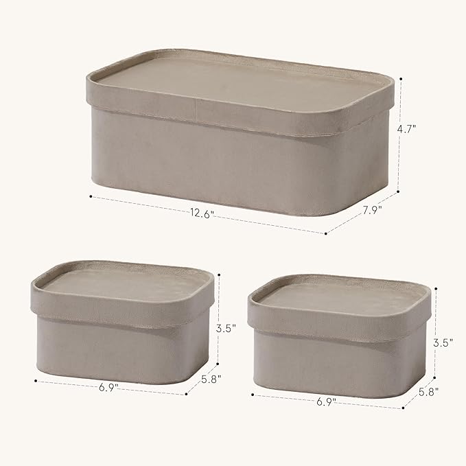 La Jolie Maison Velvet Storage Baskets with Lids, Sturdy Stackable Cardboard Boxes with Decorative Trays, Organizer Bins for Bathroom Bedroom Organizing, Taupe, Set of 3