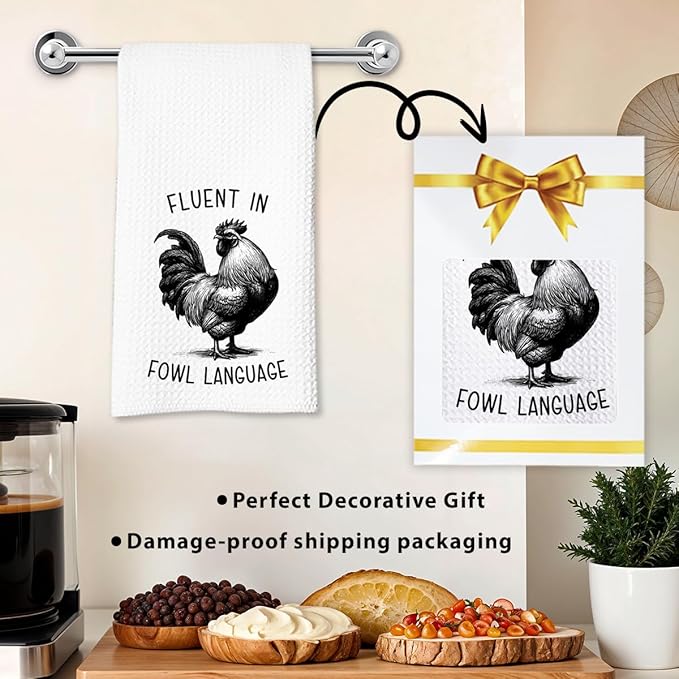 Chicken Dish Towel, Waffle Weave Microfiber Kitchen Cloth, Rustic Rooster Decor Accent, Farmhouse Style Gift for Chicken Lovers, Funny Country Hand Towel for Kitchen Bathroom - A05