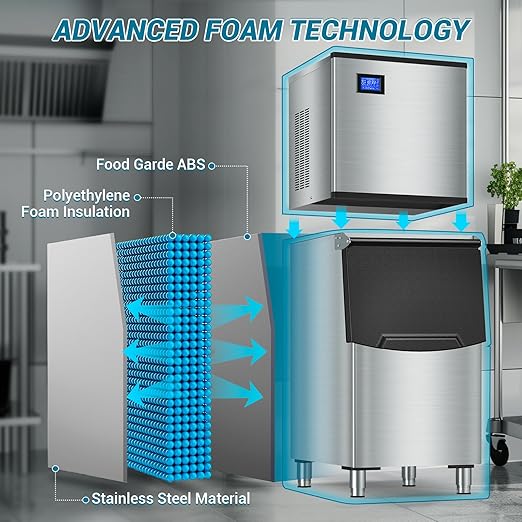 Large Commercial Ice Maker Machine: 500lbs/24H Production, with 350lbs Ice Storage Bucket, 156 Ice Cubes in 6-15 Mins - Stainless Steel Industrial Ice Maker for Restaurant, Bar, Cafe, Commercial Use