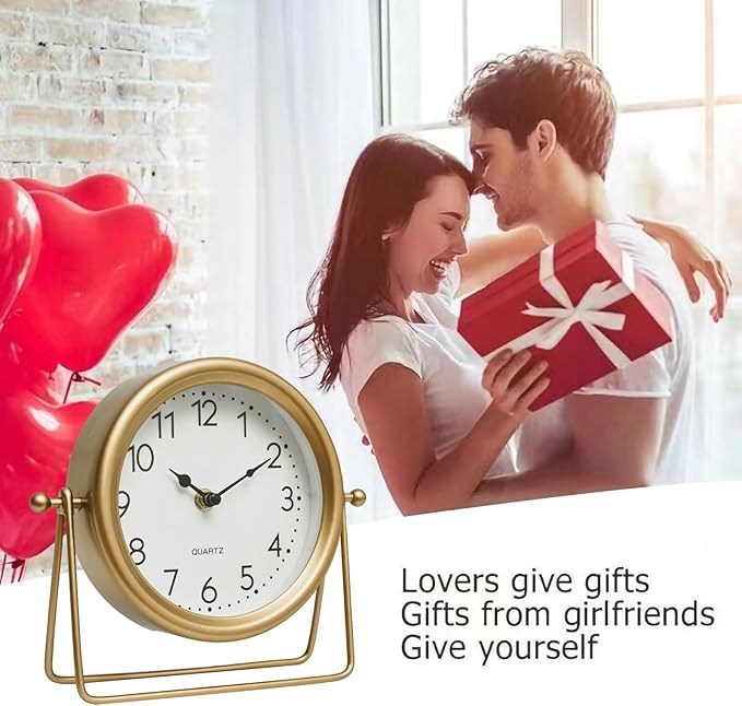 Vintage Golden Table Clock - Elegant Battery Operated Office, Living Room, and Bedroom Clock with Minimalist Design Gold Table Decor 22x19.5x5.5cm