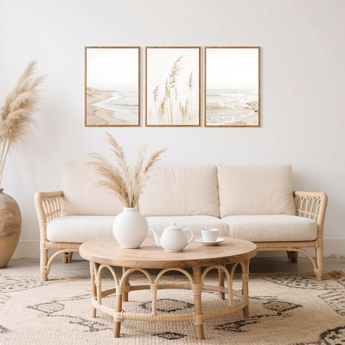 HPNIUB Modern Beach Artwork Seascape Wall Art, Seaside Framed Painting Reed Pathway Picture, Minimalist Neutral Coastal Landscape Wall Decor for Living Room,Bathroom -16'' x24'' x3