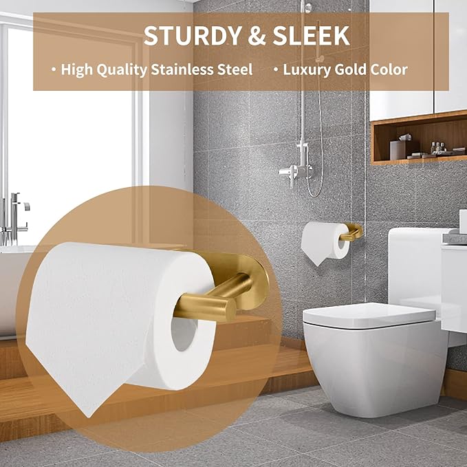 Toilet Paper Holder,Gold,Wall Mount, Upgraded Adhesive Toilet Roll Holder,no Drilling,Bathroom/Rv/Washroom,SUS 304 Stainless Steel,Rustproof (Gold, 2 Pieces)