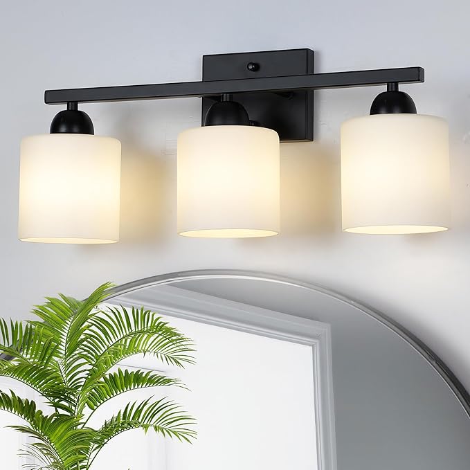 Milk Glass Vanity Lights for Bathroom, 3 Light Matte Black Bathroom Light Fixtures Over Mirror, Ceramic E26 Sockets Wall Mounted