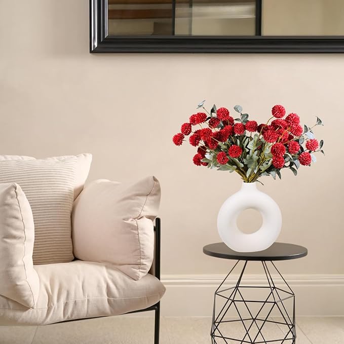 Burgundy Flowers, Maroon Artificial 10 Long Stems + Eucalyptus, Wine Colored Silk Flowers for Burgundy Decor, Fall Table Centerpieces, Dark Red Faux Mums, Thanksgiving Centerpieces For Tables