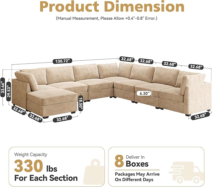 Modular Sectional Sofa with Chaise U Shaped Sectional Couch for Living Room, 8-Seater Comfy Cloud Couches with One Movable Ottoman, Plush Corduroy, Beige