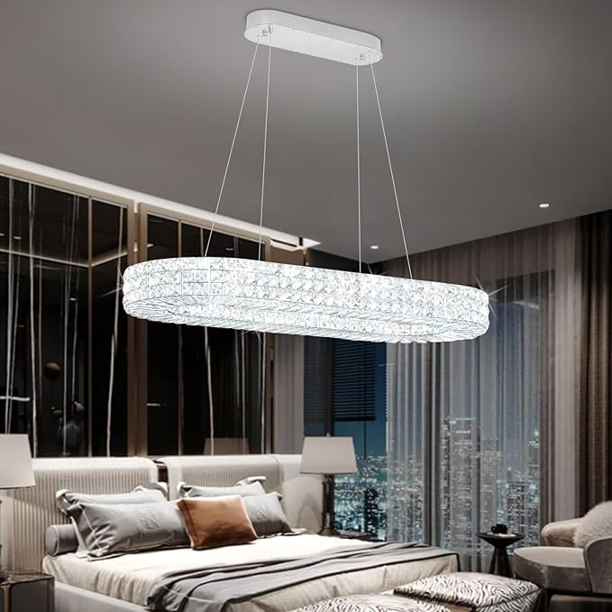 Modern Crystal Chandelier, Dia 40" Rectangular Chandelier for Dining Room,Chrome Rectangle Crystal Ceiling Light Luxury Oval Chandeliers for Living Room Kitchen Island