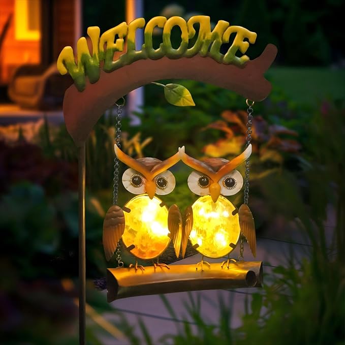 HONGLAND Solar Lights Outdoor Decor, Owl Swing Garden Decor, Owl Gifts for Women Mom, Whimsical Garden Lights Outdoor Decorations with Welcome Sign for Outside Patio Yard Lawn Decor