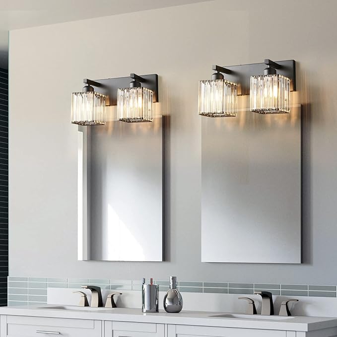 Modern Bathroom Vanity Light 2-Lights Black Crystal Bathroom Wall Light Vanity Light Fixtures，12.59-inch Modern Minimalist Design