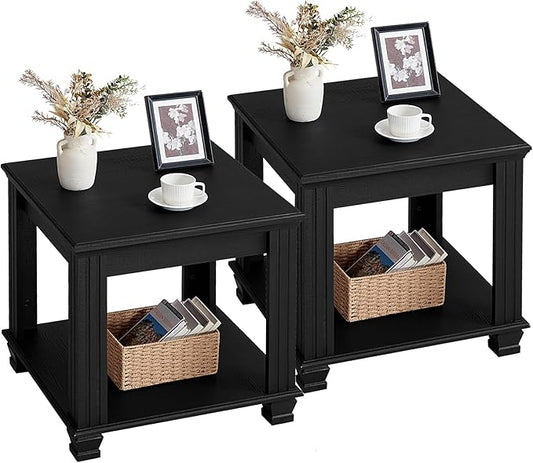 Farmhouse End Table Set of 2,Large Side Table with 2-Tier Storage Shelf,Rustic Wood End Tables for Living Room,Square Tea Table, Black
