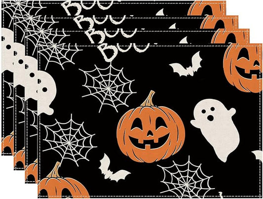 XCHI Boo Spooky Ghost Pumpkin Halloween Placemats Set of 4 Table Mats Table Decorations 12x18 Inch