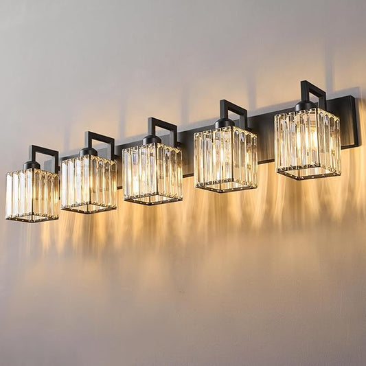 Modern Crystal Bathroom Vanity Light - 5-Lights Black Modern Crystal Wall Lamp for Bathroom Vanity Lighting