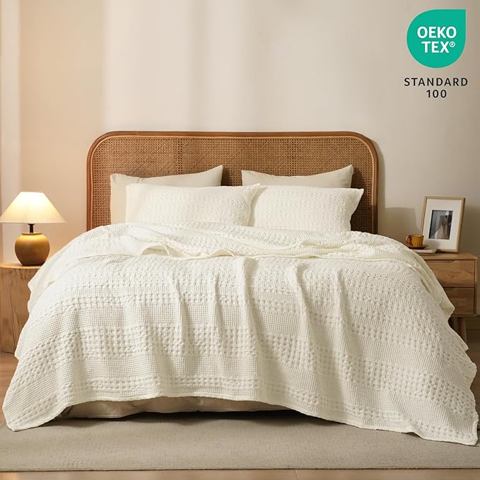 PHF 100% Cotton Waffle Weave Blanket Queen Size, Soft Lightweight Breathable Cozy Summer Blankets for Bed, Luxury Aesthetic Woven Bedding for Home Decor, 90"x90", Cannoli Cream