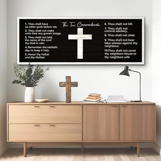 Ten Commandments Rustic Bible Verse Framed Wall Decor, 40" x 15", Religious Christian Slogan Representing a Prayer to God Jesus Christ, Vintage Horizontal Holy Inspirational Catholic Scripture Decor