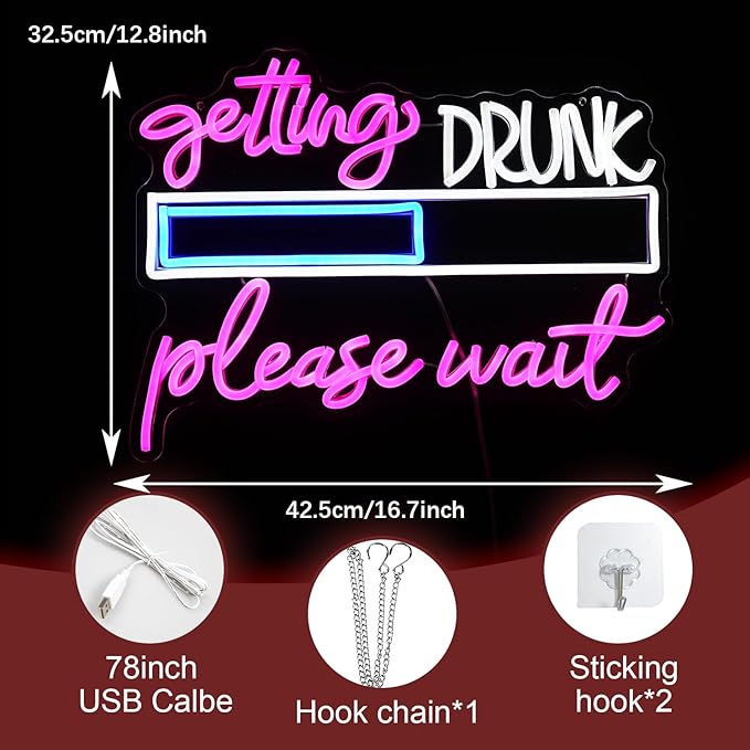 Drink Please Wait Neon Sign Dimmable Letters Neon Light for Wall Decor USB Powered LED Drinking And Wait Light Up Sign for Pub Man Cave Home Bar Restaurant Decor Party(16.7 * 12.8In)