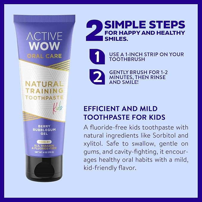 Active Wow Training Toothpaste – Fluoride-Free, Toddler-Safe, Gentle, Vegan, Safe to Swallow – Berry Bubblegum, 1 Pack