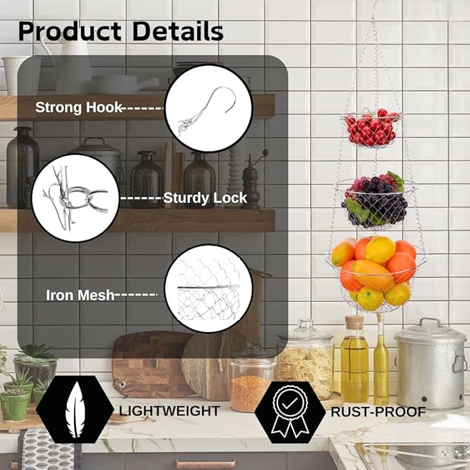 IBERG 3-Tier Fruit Basket Hanging Baskets for Storage - Kitchen Bathroom Organizer (Chrome)