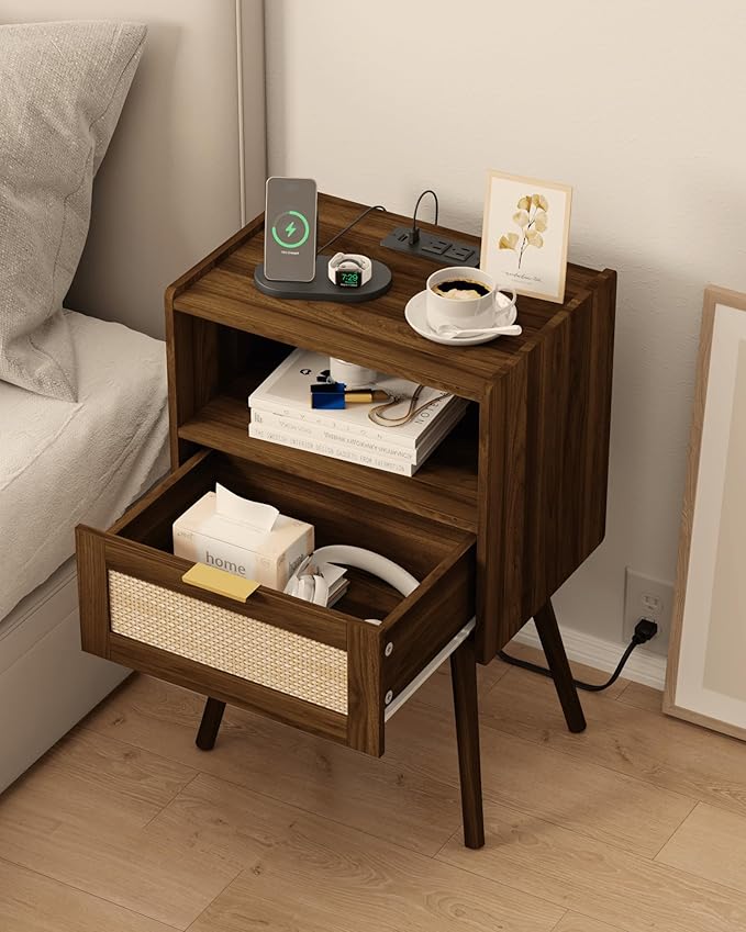 Rattan Nightstand with Outlet,Modern Bedside Table with Storage Drawer and Open Wood Shelf, for Living Room, Bedroom and Small Spaces, Accent Night Stand with Solid Wood Legs,Walnut Brown