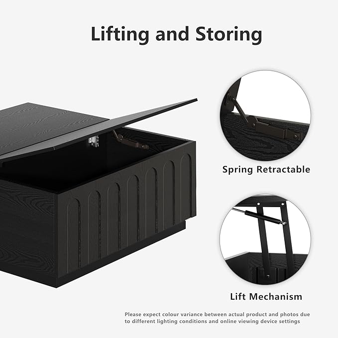 Lift Top Coffee Table with Storage, Modern Coffee Table with Arched Design, 31.5" Square Tea Table with Wood Grain, Minimalist Multifunctional Center Table for Living Room, Office, Black