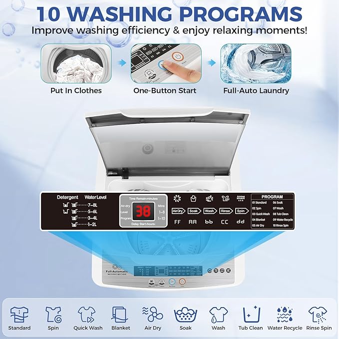 Nictemaw Portable Washing Machine 20Lbs Portable Washer Machine with Drain Pump, 2.8 Cu.ft Compact Washer with 10 Programs 8 Water Levels Small Washing Machine for Apartment, Home, Dorms, Rv