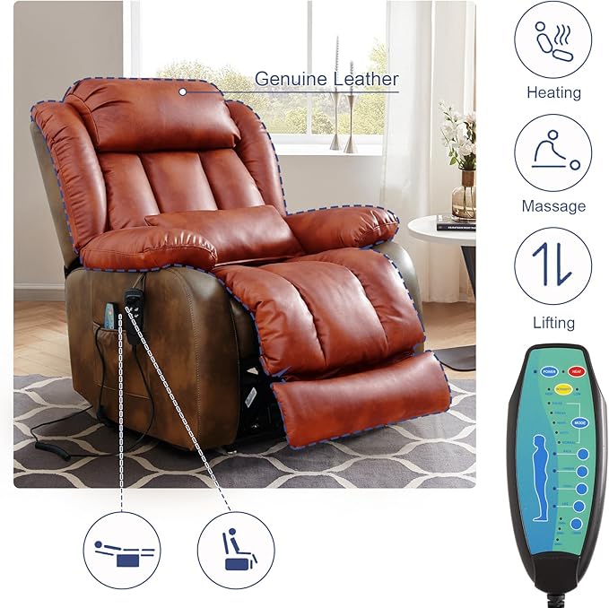 MAEVIS Large Genuine Leather Power Lift Chairs, Dual Motor Recliner for Elderly,Extended Footrest and Lumbar Pillow for Tall Man,with Heat and Massage, USB and Type-C Ports(Ochre)