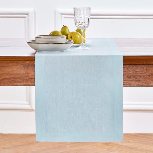 Solino Home Linen Ice Water Table Runner 60 Inches - 100% Pure Linen Farmhouse Short Table Runner 14 x 60 Inch Ideal for Dresser and Coffee Tables - Fete