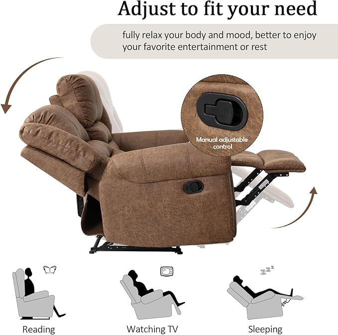 CANMOV Manual Reclining Sofa Set,Faux Leather Manual Recliner Loveseat and Recliner Chair with Overstuffed Armrest for Living Room,Bedroom Furniture,Office,Nut Brown