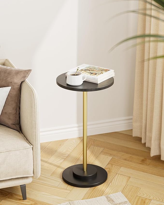 Masupu Drink Table, Round Side Table for Small Spaces, Pedestal Side Table, Small End Table with Metal Base, for Living Room, Bedroom, Bathroom, Black Gold