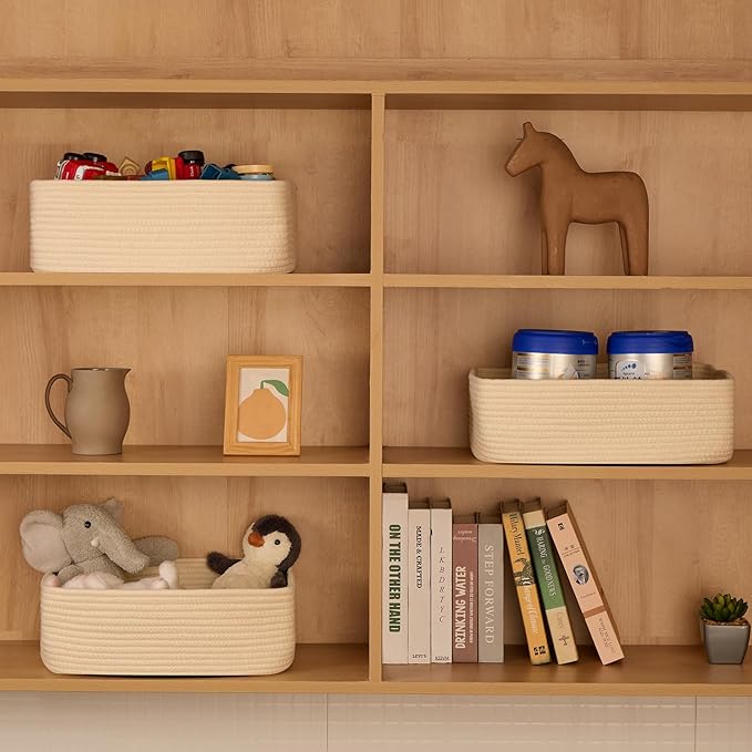 Large Shallow Organizing Baskets 15x11x5.1 Inches - Rope Woven Storage Bins for Bathroom, Shelves, Cube Closet, Beige 2 Packs