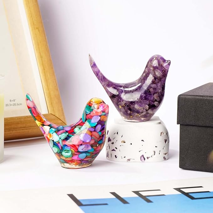 Crystal Bird Figurines, Resin Animal Statues, Miniature Decorative Gravel Birds, Home Decor (2PCS-Purple+Colorful)