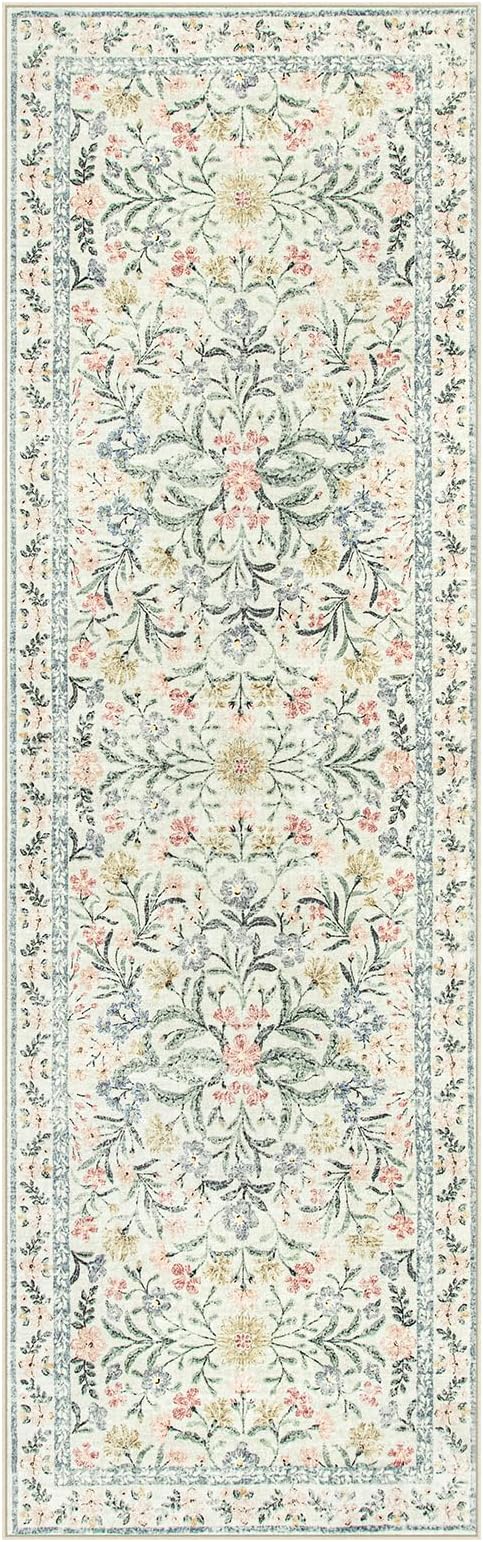 Wonnitar Washable Rug Runner 2'6''x8', Boho Floral Hallway Runner Rug 8ft Long Carpet for Bedroom, Soft Non Slip Ultra-Thin Beige Carpets for Bathroom Kitchen Bedside