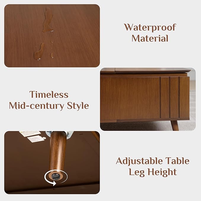 36.2" Lift Top Coffee Table with Storage, Large Square Coffee Tables with Hidden Compartment, Mid Century Modern Center Table for Home Office,Living Room,Dark Walnut