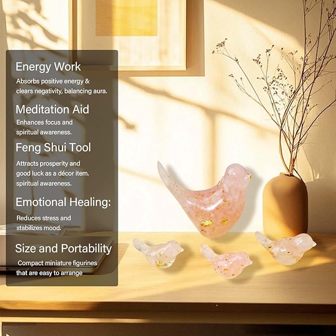 Crystal Bird Figurines, Resin Animal Statues, Miniature Decorative Gravel Birds, Home Decor (4PCS-RoseQuartz)