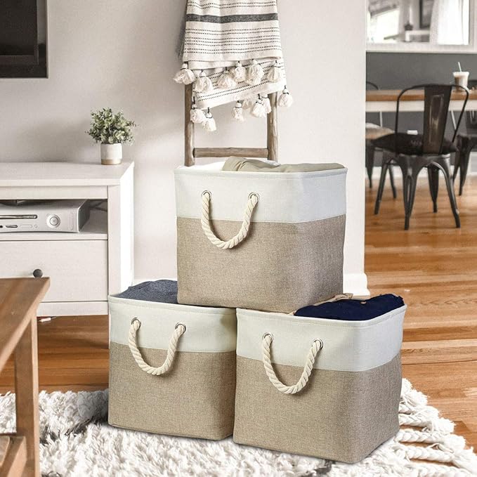 i BKGOO 3Pack Large Foldable Storage Bins，Collapsible Sturdy Cationic Fabric Organizing Storage Basket Cube with Cotton Handles for Home Office Shelf Clothes Toys White-Khaki 13×13×13 inch
