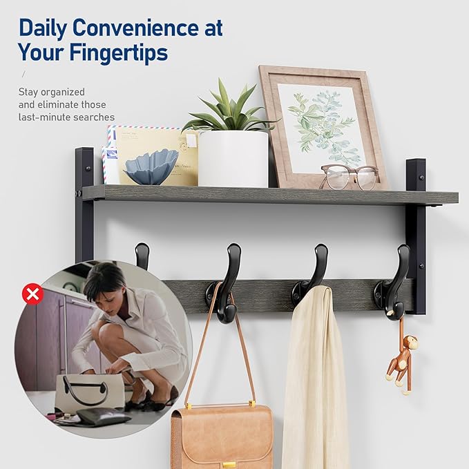 Tatub 20" Rustic Coat Rack Wall Mount with Shelf, Wall Hooks with Shelf, Heavy Duty Entryway Organizer Hangers for Hanging, Hat, Bag, Jacket for Bathroom, Living Room, Bedroom, Ebony