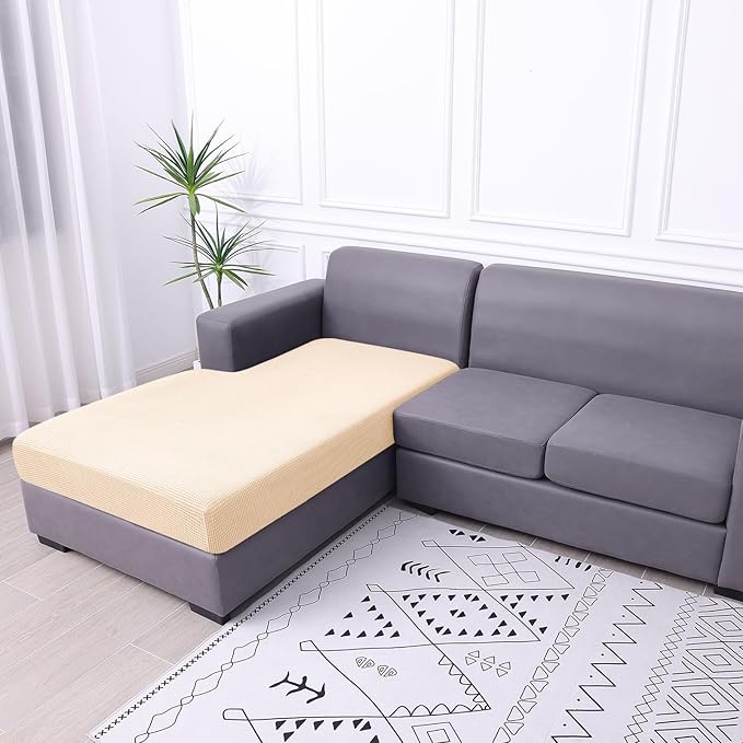 hyha Waterproof Sectional Couch Covers, Non Slip Sofa Couch Cushion Covers L Shape, Thick Stretch Jacquard Fabric, Washable Sofa Slipcovers with Elastic Bottom (1 Piece for Chaise, Beige)