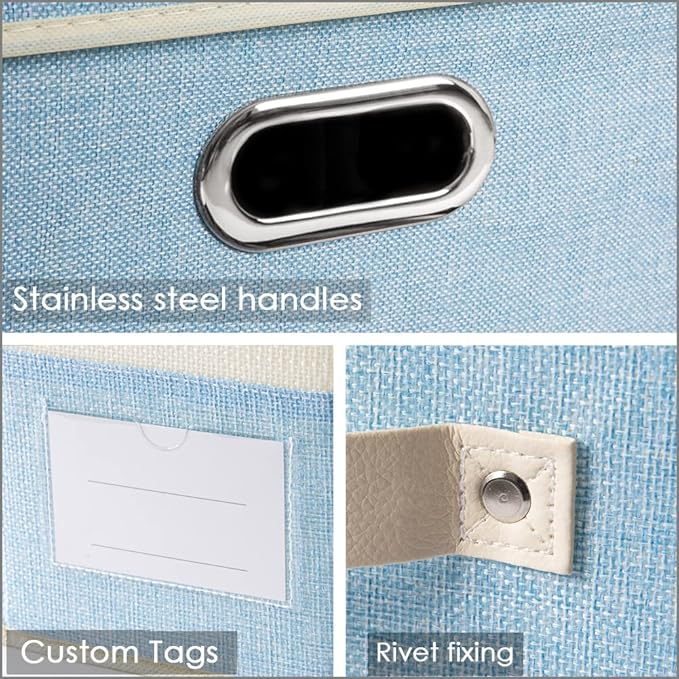 PRANDOM Collapsible Storage Bin with Lid [3-Pack] Fabric Foldable Storage Box Organizer Container Basket Cube with Cover for Home Bedroom Closet Office Nursery Blue&Cream(14.9x9.8x9.8)