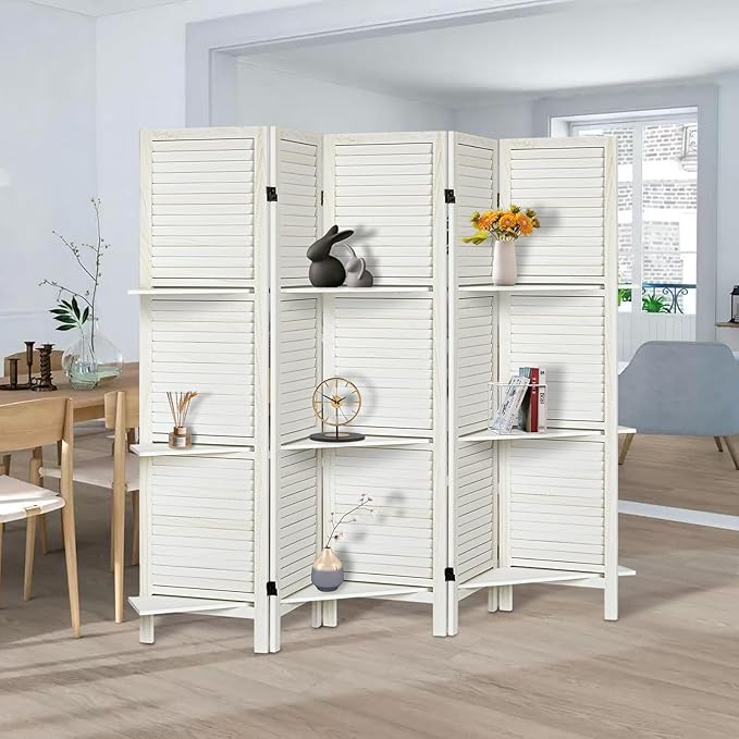 Room Divider with Shelves, Privacy Screen, Room Dividers and Folding Privacy Screens, 5 Panel Wood Temporary Wall Partition Separation Separator, White