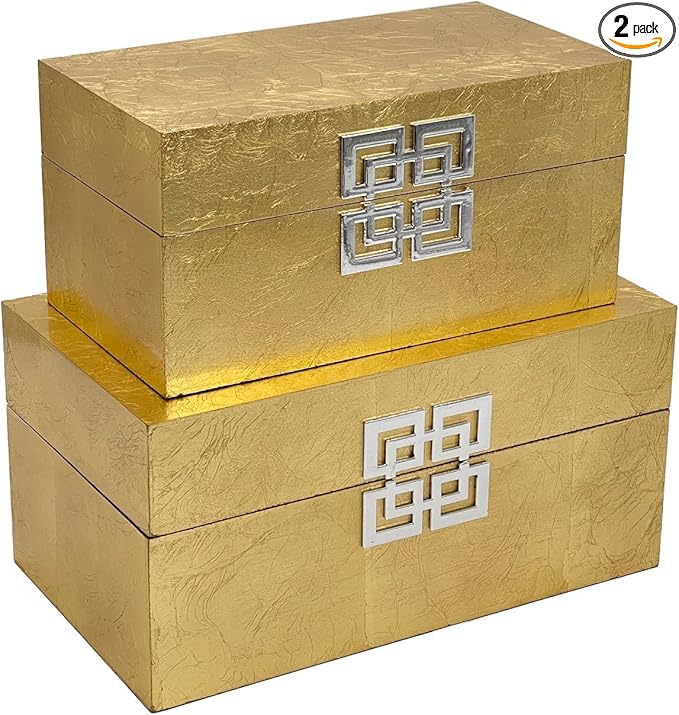 Galt International Storage Box Set Decorative Storage Box w/Hinged Lid Classic Design Wood Decor Boxes with Geometric Clasp Storage for Bedroom & Home - Set of 2 (Gold Leaf)