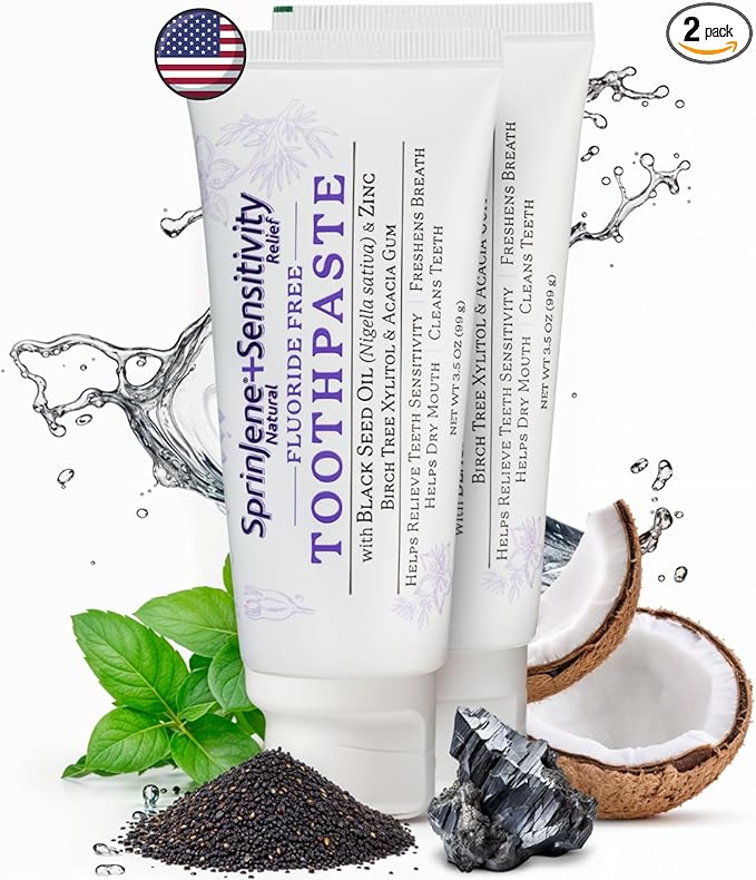 SprinJene Fluoride Free Toothpaste for Sensitive Teeth & Gum Fresh Breath Helps Dry Mouth Natural Non Fluoride Toothpaste for Adult SLS Free, Toxic Preservative Free with Black Seed Oil & Zinc 2 Pack