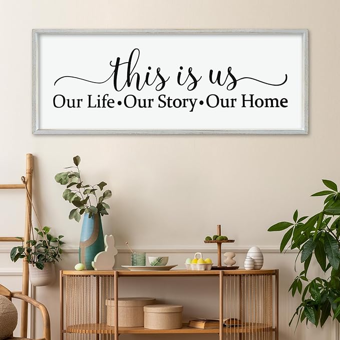 LuZhiQiang This Is Us Sign Wall Decor 40"×15" for Bedroom Family Sign Large Framed Wooden Wall Hanging Art (White)