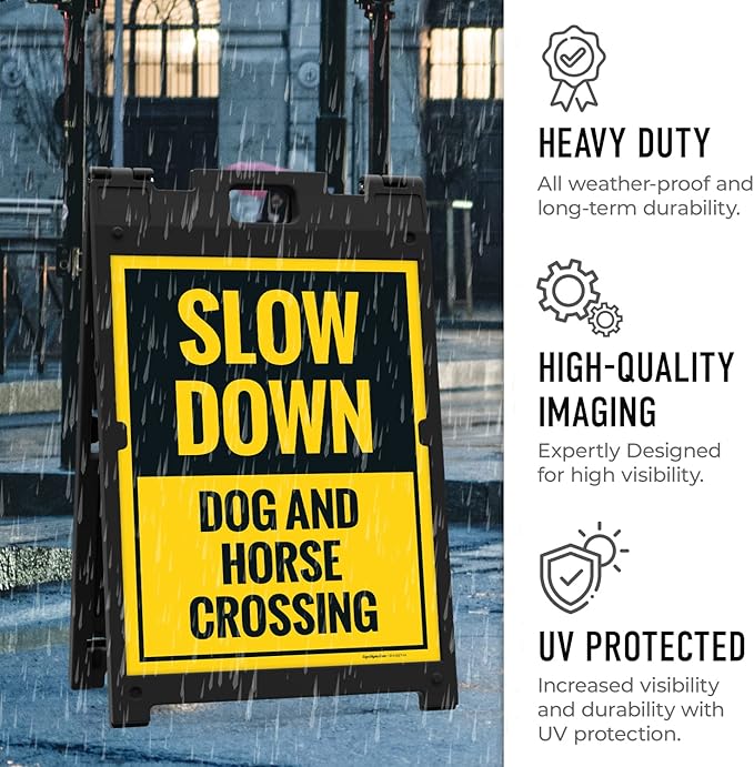 Slow Down Dog and Horse Crossing Sidewalk Sign Kit, 18x24 Inches, with A Frame Stand, Made in USA