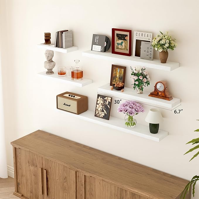 BGMG Wood Floating Shelves for Wall 30 inch Set of 2,White Floating Shelves,Solid Wood Wall Mount Shelves for Bathroom Living Room Bedroom Kitchen Farmhouse -30x 6.7 x1.25 inch