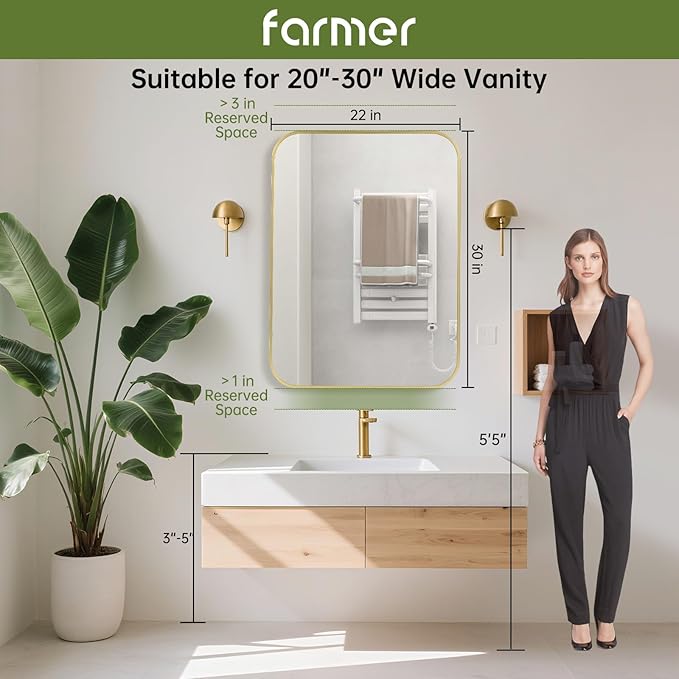 FARMER 22x30 Inch Gold Bathroom Mirror, Rectangle Vanity Mirror, Brushed Mirrors for Wall, Metal Frame Hanging Mirror with Round Corner for Bedrooms, Entryways, Living Rooms, Horizontal/Vertical