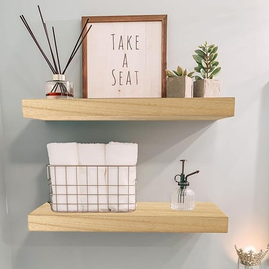 IAE Floating Wall Shelves 16 inch,Bathroom Shelves Wall Mounted,Invisible Shelves Floating Kitchen Shelves,Wooden Wall Shelves with Brackets for Living Room Wall Mounted,Easy Install,Set of 2,Natural