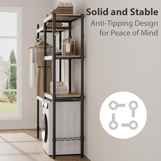 Double Row Over Washer and Dryer Storage Shelves, Laundry Room Organization and Storage, Heavy Duty Laundry Room Shelves, with Adjustable Height, 5-Tier
