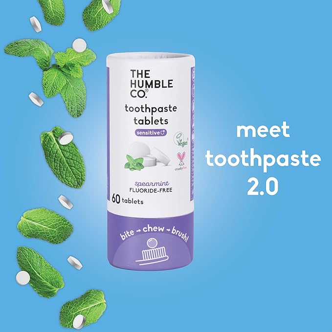 The Humble Co. Sensitive Toothpaste Tablets – Fluoride Free Toothpaste Tablets for Sensitive Teeth and Gums, Dentist Developed Formula, Vegan, SLS Free, Plastic Free (Spearmint, 2 PK)